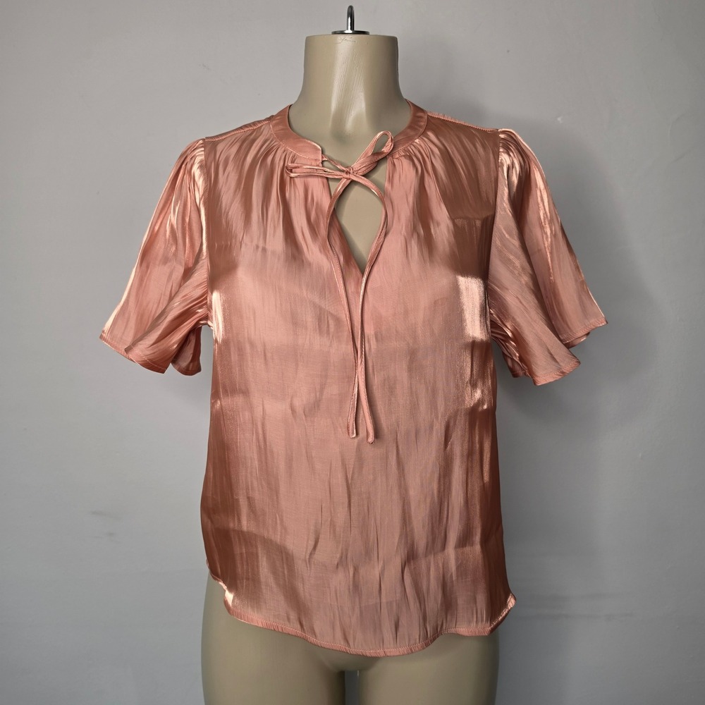 Melloday Blouse Womens S Peach Satin Short Sleeve Keyhole Tie Top CET240408-TM